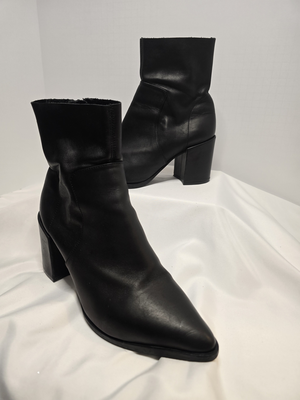 Classic Black Leather Pointed Ankle Boot with Block Heel